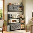 Huuger Large Bakers Rack with Power Outlet, Kitchen Microwave Stand with Cabinets, Coffee Bar Table Station with Storage, 6 S-Shaped Hooks, Mesh Shelves, 45 Inch Wooden Top, Grey
