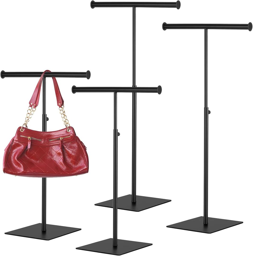 Leinuosen 4 Pcs T Shaped Purse Display Stand Necklace Display Stand Tabletop Adjustable Height Purse Hanger Rack (Black)