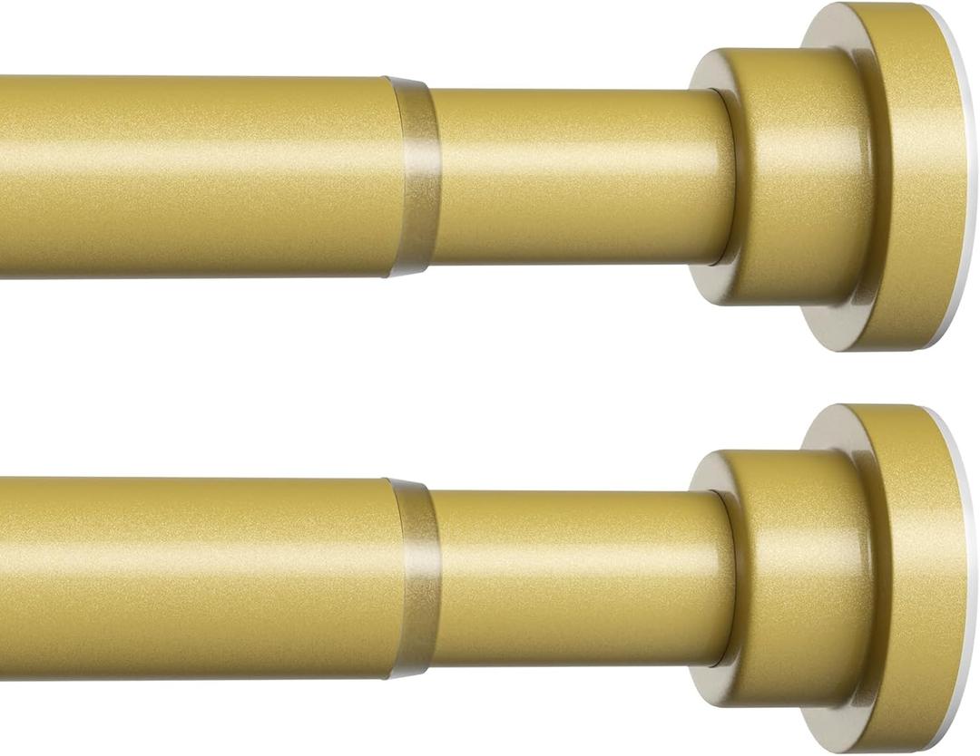 MEXAU 2 Pack Gold Spring Tension Curtain Rods, 30-64 Inch Adjustable No-Drill Shower Rod, Spring Loaded Curtain Rods 7/8" Diameter for Window, Bathroom, Closet, Room Divider (36-63IN-2P)