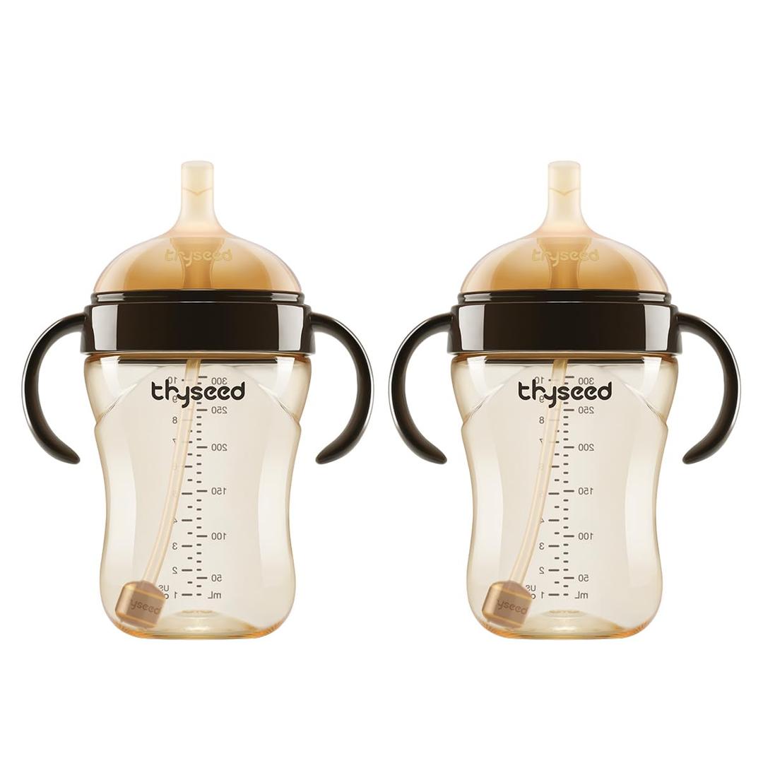 PPSU Weighted Straw Cup with Handles Toddlers Transition Bottles to Sippy Cups No Spill Learner Milk Water Baby Bottle Soft Silicone Spout Dishwasher Safe BPA Free 6+ Months 10oz/300mL 2 Pack