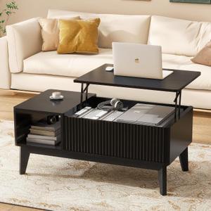 LYNCOHOME Fluted Coffee Table with Hidden Compartment, Wood Lift Top Coffee Tables, Modern Center Table for Living Room, Home Office, Black, 18.9''D x 37.4''W x 16.2''H