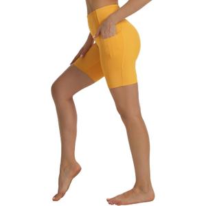 HOKOYI Women's High Waisted Spandex Biker Shorts 7" Gym Compression Shorts with Pockets Workout Running (Medium, Yellow)