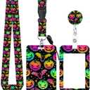 ID Badge Holder with Retractable and Detachable Lanyard, Cute Badge Reel Breakaway Lanyard with Carabiner Clip for Women, Teachers, Nurses, Perfect Work and Office (Colourful Haloween Pumpkins)