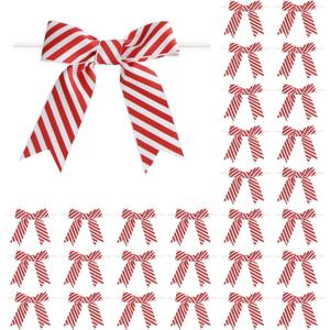 30 Pcs 3 Inches Mini Twist Tie Red Striped Printed Grosgrain Ribbon Bow Smal Bows for Applique Embellishment Crafts Sewing Scrapbook Baby Shower Wedding Christmas Girls Dress Hair