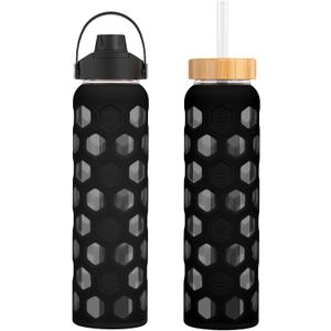 32 oz Glass Water Bottles with 2 Lids - Handle Spout Lid & Bamboo Straw Lid, Motivational Water Tumbler with Time Marker Reminder and Silicone Sleeve, Dishwasher Safe (Black-1 Pack)