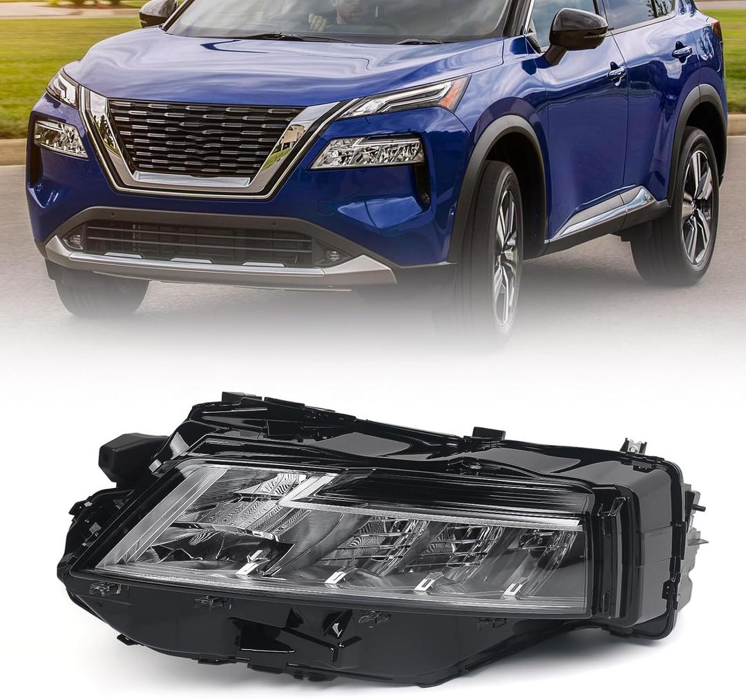 Huray LED Headlight Assembly Fit for Nissan Rogue SL/SV 2021 2022 2023 LH Projector Headlamp Replacement OE Style Left Driver Side (Chrome Housing) (Clear)