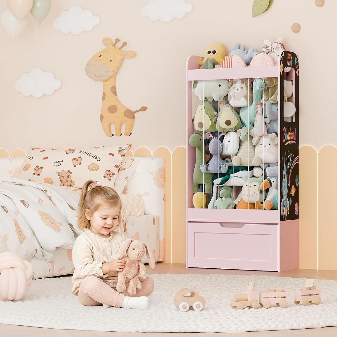 51.2"H Wooden Stuffed Animal Organizer with Toy Storage Drawer Blackboards, Large