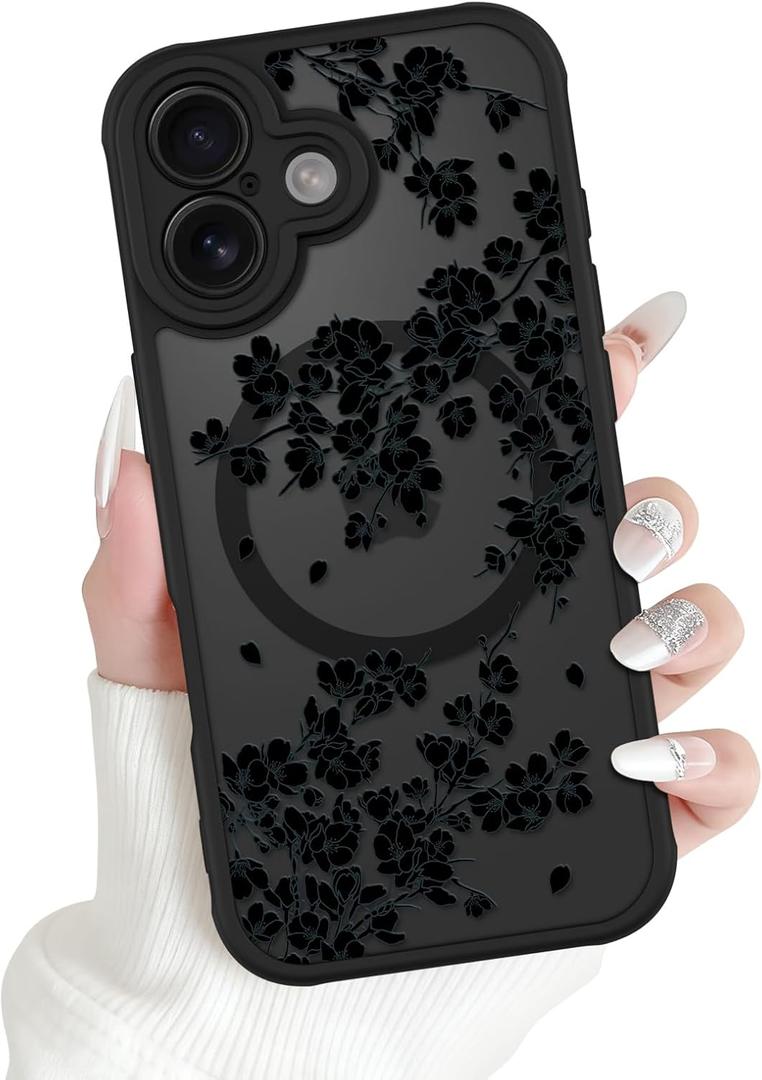 OOK Magnetic Case Fit for iPhone 17 6.3 Inch (Compatible with MagSafe) Soft TPU and Hard PC Phone Cover with Black Floral Flowers Anti-Scratch Shockproof Protection Case for Women