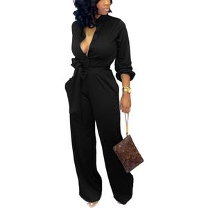 SxClub Jumpsuits for Women Formal Sexy Elegant Long Straight Pants Busineess Party Jumpsuit with Belt Pockets (Black, XL)