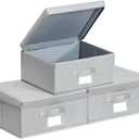Set of 3 Stackable Fabric Storage Bins with Lid - Light Grey, 14.2" L x 12.6" W x 6.3" H