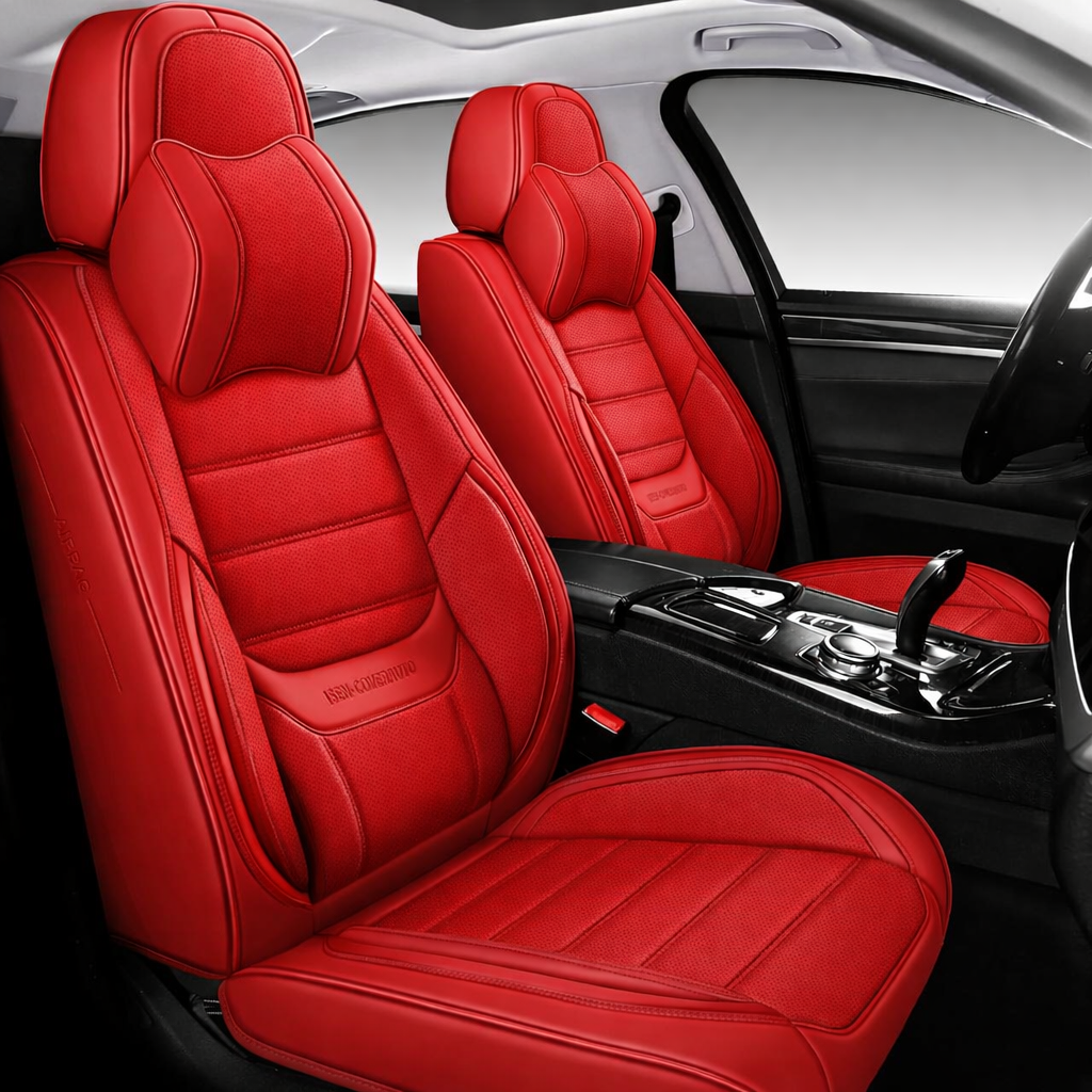 Full Coverage Faux Leather Car Seat Covers with Memory-Foam Neck Pillows Universal Fit for Cars,Trucks,SUVs with Waterproof Leatherette in Automotive Seat Cover Accessories (Front Pair, Red)