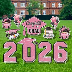 Large 11 PCS Graduation Yard Signs, Class of 2026 Congrats Grad Outdoor Lawn Yard Sign with Stakes, Graduate Yard Decorations for College High School Party, Pink