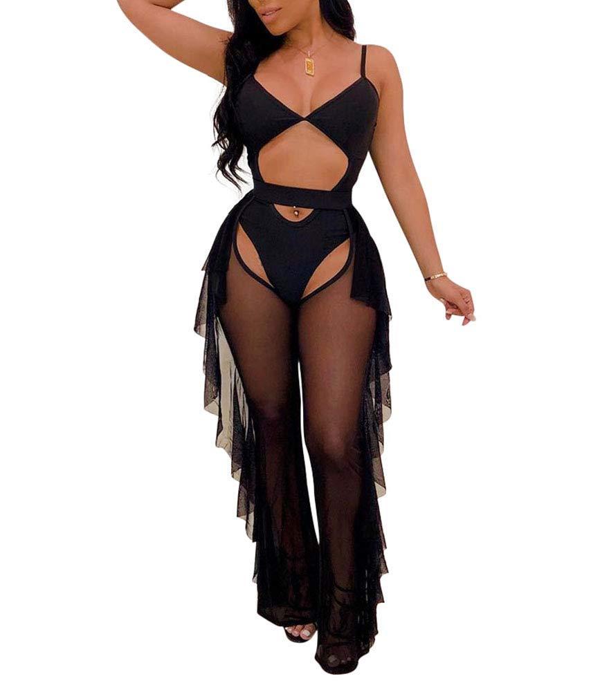 OLUOLIN Women Sexy Perspective Sheer Mesh Long Pants Hollow Ruffle Bikini Bottom Cover up Medium
