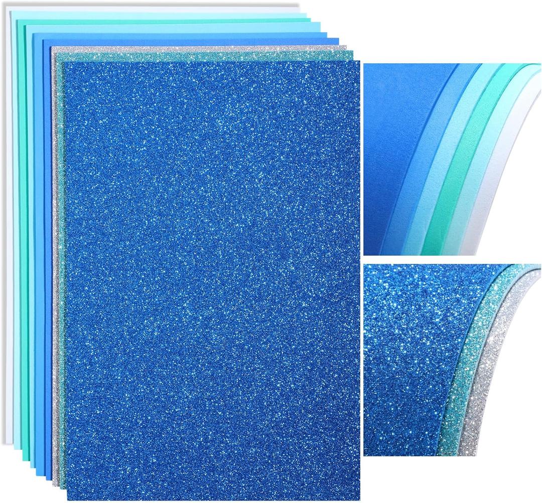 Feifeiya 48 Pack Glitter Foam Sheets Craft, 8 x 12 Inch Assorted Colors Sparkles Foam Papers for Classrooms DIY Projects Scrapbook Cutters Card Handicraft Gift(Gradient Blue)