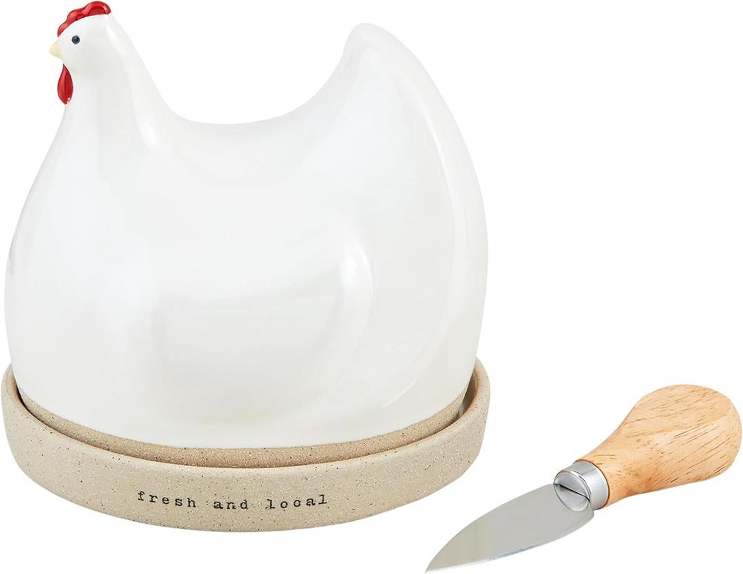 Mud Pie Hen Stoneware, cloche 5" x 5 1/2" | knife 5 1/4", WHITE