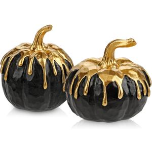 Hollyone Fall Pumpkin Decor 2 PCS Black and Gold Resin Pumpkin Fake Pumpkins for Decorating Figurines Artificial Pumpkins Centerpiece Rustic Farmhouse Halloween Table Fall Decorations for Home