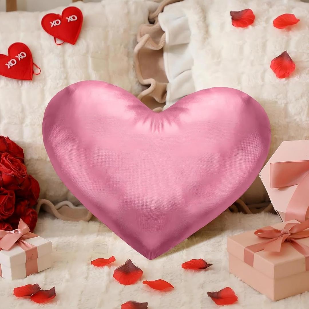 Yookeer Valentine's Day Heart Shaped Pillow 14 x 12 Inch Metallic Leather Throw Pillows Solid Soft Shiny Cushion for Women Valentine Wedding Anniversary Decor for Bed Couch(Pink)