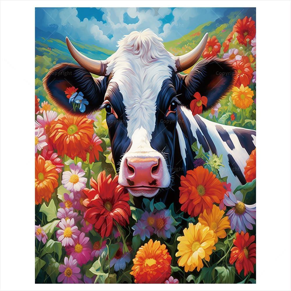 Cow in Flower Field Paint by Numbers Kit for Adults - DIY Animal Painting on Canvas 16x20 Inches, Adults' Paint-By-Number Kits Paint Set for Beginners, Farm Art Kit for Home Decoration or Gifts