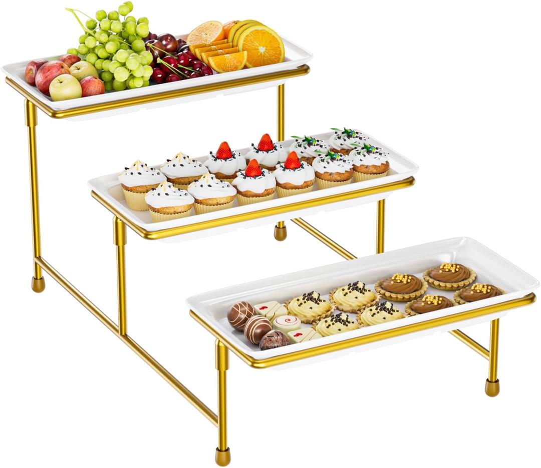 3 Tier Serving Tray for Party, 14"x7" Tiered Serving Platters with Steel Display Stand for Sevring Food,Cookies,Veggie, Dessert,Fruit, Gold