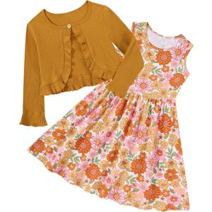 Size 3-4 Toddler Girl Floral Dresses 3T-4T Cute Rianbow Long Sleeve Fall Dress for Little Girls Rufffle Birthday Kids Cardigan Sleeveless Sets