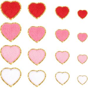 Juexica 32 Pcs Heart Shaped Iron on Patches Glitter Chenille 4 Size Love Applique Embroidered Appliques Valentine's Day Heart Transfers Sew on Fabric Patch for Clothes Jackets Backpack Hat Decoration