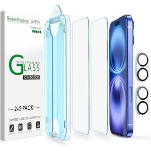 amFilm Auto-Alignment OneTouch for iPhone 16 Plus [6.7''] Screen Protector + Camera Lens Protector, Tempered Glass, 30 seconds Installation, Bubble Free, Case Friendly, Anti-Scratch [2+2 Pack]