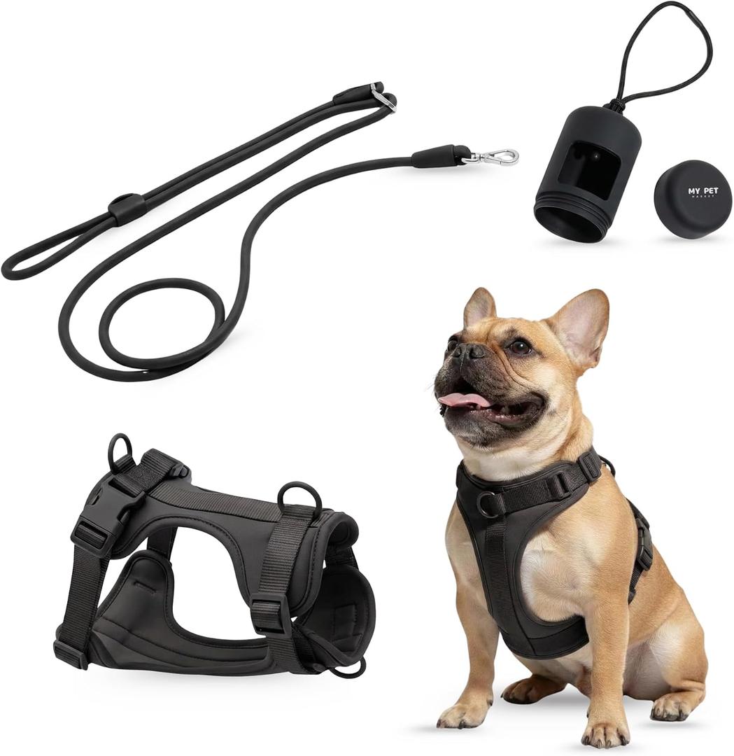 No Pull Dog Harness and Leash Set 3-in-1, Medium, Black