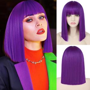 G&T Wig Purple Bob Wig with Bangs Short Straight Bob Bangs Wig Heat Resistant Synthetic Wigs for Daily Cosplay Costume Party (14 inches, Dark Purple)