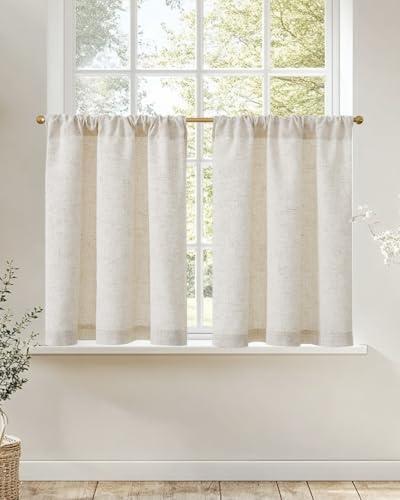 jinchan Natural Linen Kitchen Curtains 36 Inch Rustic Tier Curtains Farmhouse Rod Pocket Cafe Small Window Drapes with Lined Flax Country Light Filtering for Bathroom Laundry Room RV 2 Panels Crude