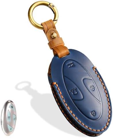 Aoocar Leather Key Fob Cover, Compatible with 2023 2024 2025 Hyundai Ioniq 6 Grandeur GN7, fit for Sonata Elantra Kona Santa Fe 2024 2025, No Screw Design Key Holder Protector (5 Button, Blue)