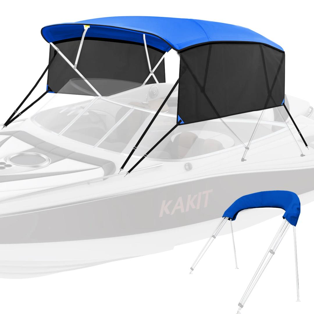 KAKIT 4 Bow Bimini Tops for Pontoon Boats with 2 Mesh Sidewalls Square Frame 600D Oxford Top with Rear Support Poles, Storage Boot 1 Inch Aluminum Frame (Blue)