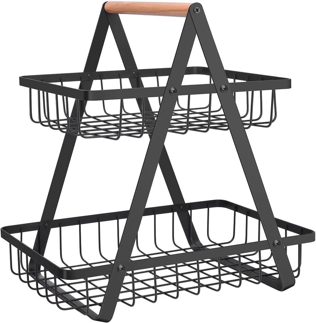 2 Tier Countertop Fruit Basket, Portable Fruit Bowl for Kitchen Organizer Storage & Dining Room Fruits Vegetable Bread Snacks, Detachable Metal Rectangle Basket Storage (Black)