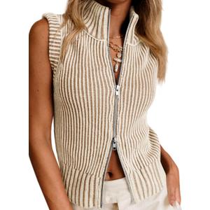 Saodimallsu Womens Zip Up Sweater Vest Sleeveless Ribbed Knit V Neck Collared Striped Tank Tops (Beige)
