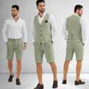 Men's Suit Linen 2 Piece Vests Short Pants Suits for Men Casual Summer Beach Groomsmen Wedding Waistcoat Set Outfit (Green, XXL)
