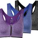 Women's Zipper Front Closure Sports Bra Racerback Yoga Bras (X-Large, 3 Pack: Purple Blue Grey)