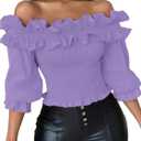 Floerns Women's Ruffle Trim Off Shoulder Flounce Sleeve Shirred Blouse Top (Violet Purple), Size: Larg