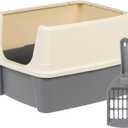 Large Cat Litter Box with High Sides, Open Top for Easy Access, Includes Scoop with Storage, 19" x 15" x 11.75", Grey/Beige