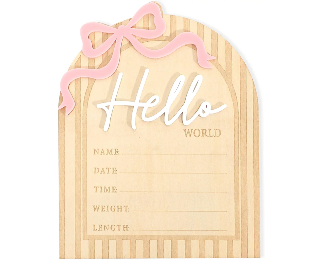 Bow Hello World Wooden Board - Hospital Newborn Information Record,Birth Milestone Bulletin Board Photo Props,Sweet Pink Bow Nursery Decorations,Little Princess Hello World Announcement Sign