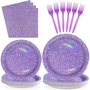 96Pcs Holographic Rainbow Purple Plates and Napkins Sets - Iridescent Purple Birthday Decorations for Girls - Serves 24