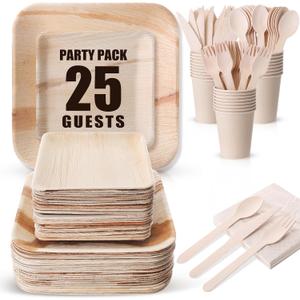 175 Pcs Disposable Bamboo Plates Dinnerware Set Compostable Palm Leaf Plates Utensils Napkins Cups Biodegradable Plate Bamboo Cutlery Party Set for Christmas Party Events for 25 Guests