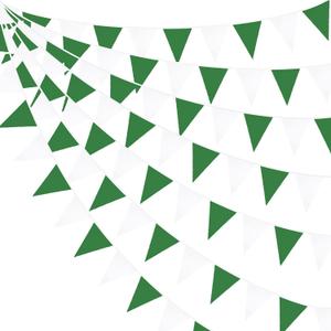32Ft Green and White Banner Party Decorations Triangle Flag Fabric Banner Cotton Pennant Bunting Garland for Christmas Wedding Birthday Home Nursery Outdoor Garden Masters Golf Party Decoration