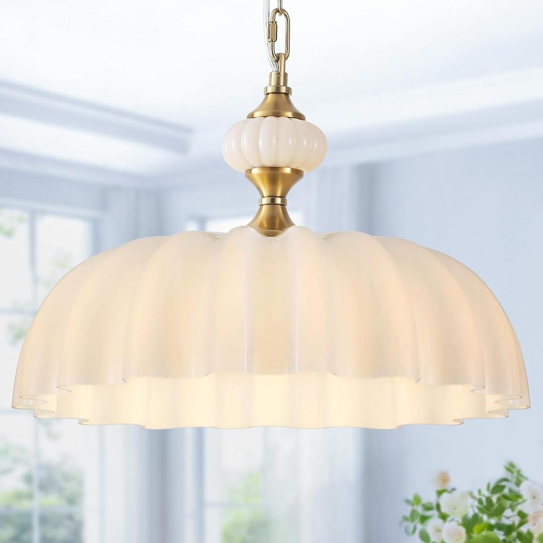 Vintage Floral Glass Chandelier - 15.7" Adjustable Pendant Light Fixture White Flower Pendant Light for Kitchen Island, Dining Room, Bedroom, Modern Farmhouse Decor