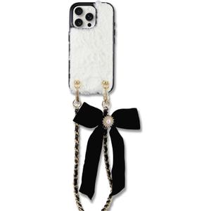 Crossbody Case for iPhone 15 Pro with Gold and Black Vegan Leather Woven Chain - White Fur