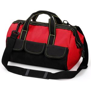 Hiceeden 16 Inch Wide Mouth Tool Bag, Collapsible Tool Tote with Waterproof Coating and Adjustable Strap, Portable Electrician Tool Organizer Handbag with 5 Outside Pockets, Red