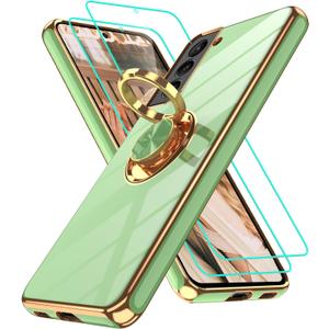Gritup for Samsung Galaxy S21 Case: with 2Pcs Screen Protector, 360 Rotation Ring Holder Magnetic Kickstand Plating Gold Edge Soft TPU Shockproof Protective Cover for S21, Pea Green