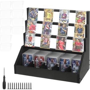 Trading Card Display Stand with Card Stoppers - 3 Tier 5 Row Wooden Step Shelf, Large Capacity Tabletop Display Storage Case for Graded Cards & Collectible Cards