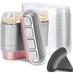 Mini Loaf Baking Pans with Lids and Spoons (50 Pack, 6.8oz) Rectangle Aluminum Foil Baking Pans Tins Containers - Cupcake Containers Wrappers Cheesecake Creme Brulee Ramekins (Pink)