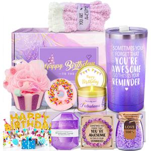 Birthday Gifts for Women, Happy Birthday Relaxing Spa Gifts Basket for Women, Purple Gift Box Set for Mom Sister Female Friends Wife Girlfriend Daughter, Unique Gifts for Female Who Have Everything