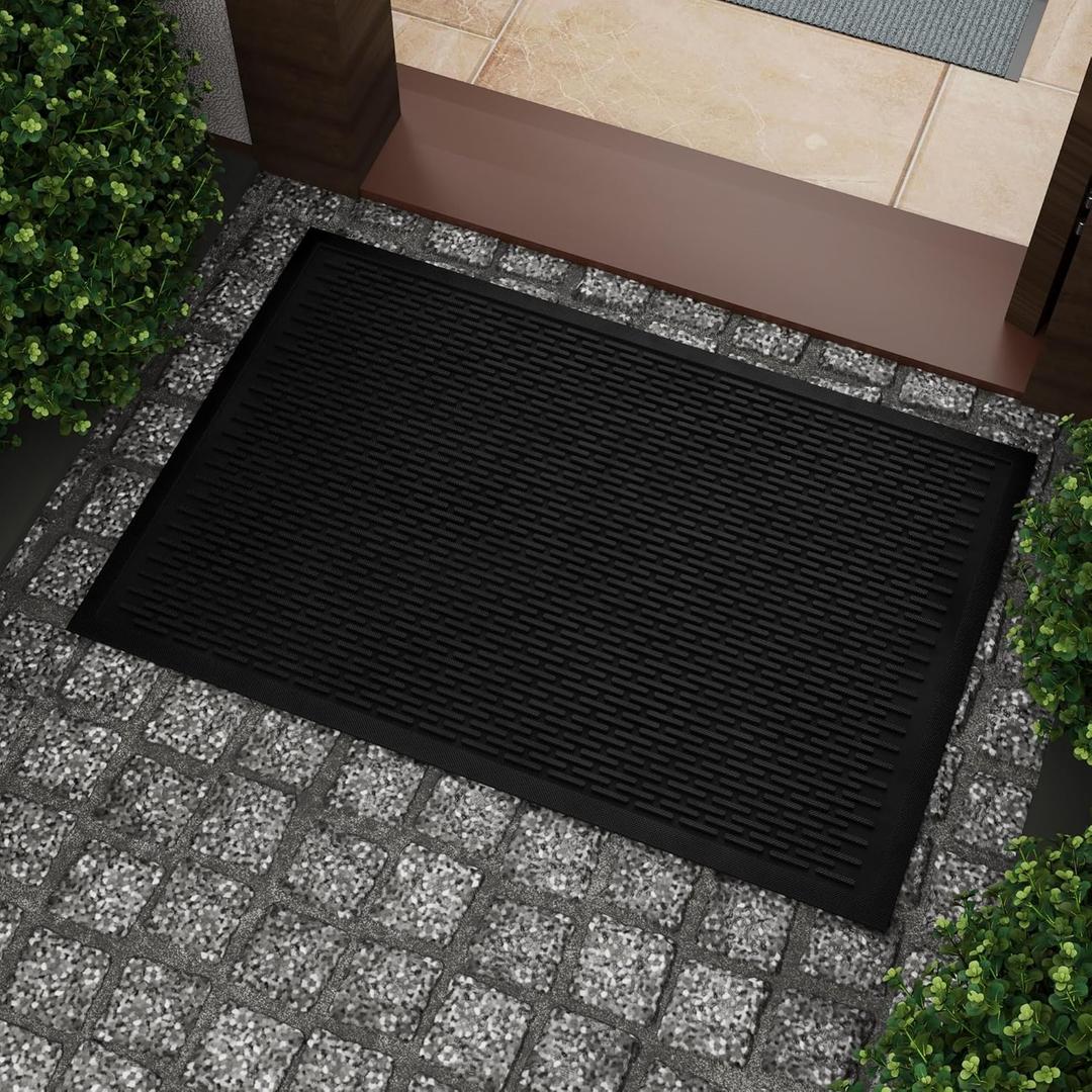 Ottomanson Waterproof Rubber Outdoor Doormat Heavy-Duty Non-Slip Rubber Floor Mat with Ridge Scraper Pattern, All-Weather Front Door Entry Mat for Mud & Dirt Control 24" x 36", Black