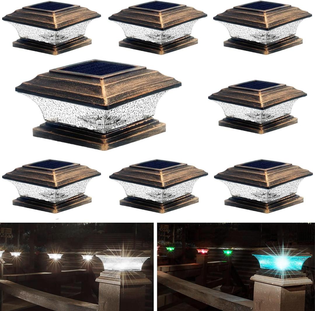 HUYIENO Solar Post Cap Lights Outdoor LED Lighting Deck Fence Light Two Modes Warm White/7 RGB Color Changing Suitable for 4x4 5x5 Wooden Posts (Brushed Copper, 8pk), HY1238